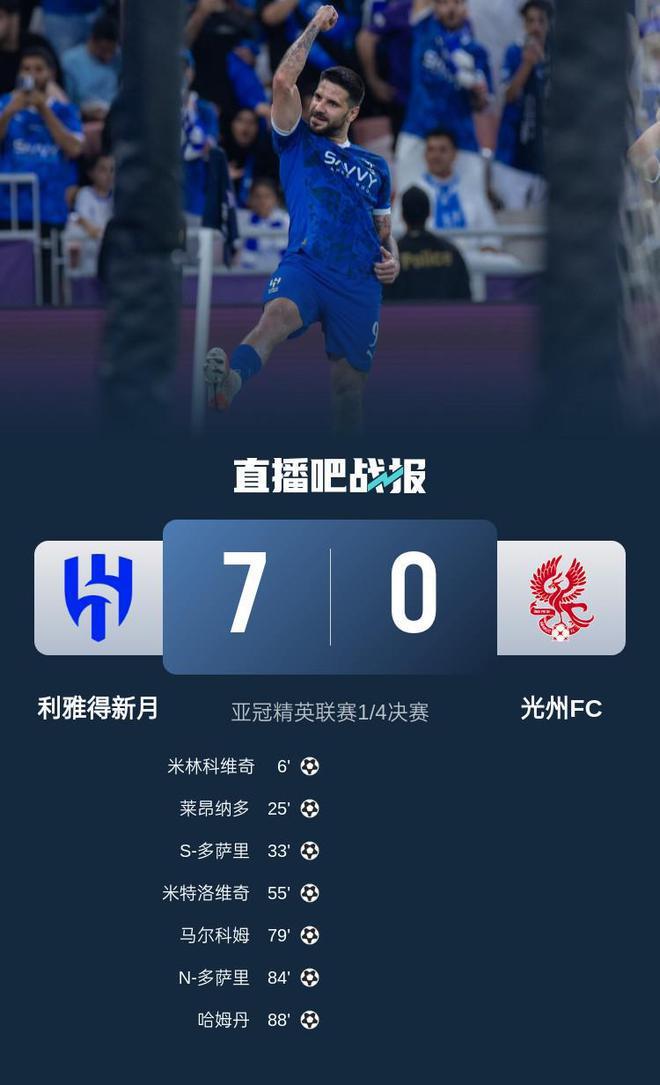 米特洛罗维奇助队，沙特利雅得7-0大胜晋级亚冠四强！